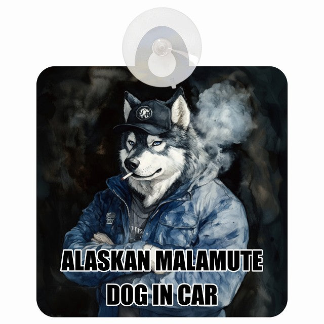 ALASKAN MALAMUTE アラスカンマラミュート DOG IN CAR 作業服 ちょい悪 車用吸盤付サイン 12.4x14.6cm