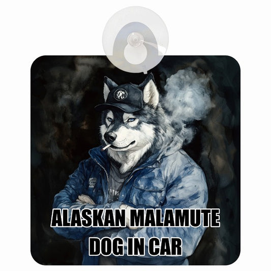ALASKAN MALAMUTE アラスカンマラミュート DOG IN CAR 作業服 ちょい悪 車用吸盤付サイン 12.4x14.6cm