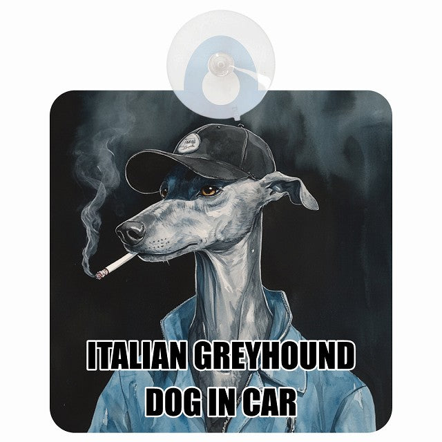 ITALIAN GREYHOUND イタリアングレーハウンド DOG IN CAR 作業服 ちょい悪 車用吸盤付サイン 12.4x14.6cm