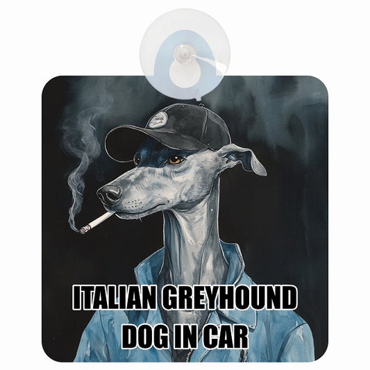 ITALIAN GREYHOUND イタリアングレーハウンド DOG IN CAR 作業服 ちょい悪 車用吸盤付サイン 12.4x14.6cm