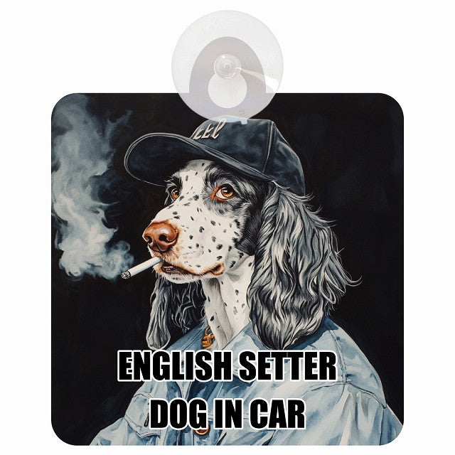 ENGLISH SETTER イングリッシュセッター DOG IN CAR 作業服 ちょい悪 車用吸盤付サイン 12.4x14.6cm