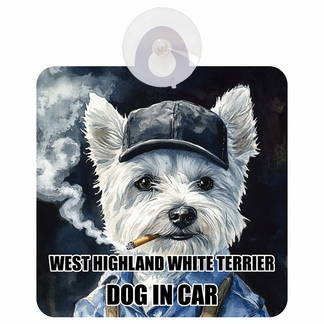 WEST HIGHLAND WHITE TERRIER ウエストハイランドホワイトテリア DOG IN CAR 作業服 ちょい悪 車用吸盤付サイン 12.4x14.6cm
