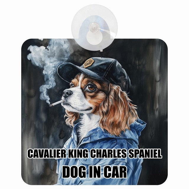 CAVALIER KING CHARLES SPANIEL キャバリアキングチャールズスパニエル DOG IN CAR 作業服 ちょい悪 車用吸盤付サイン 12.4x14.6cm
