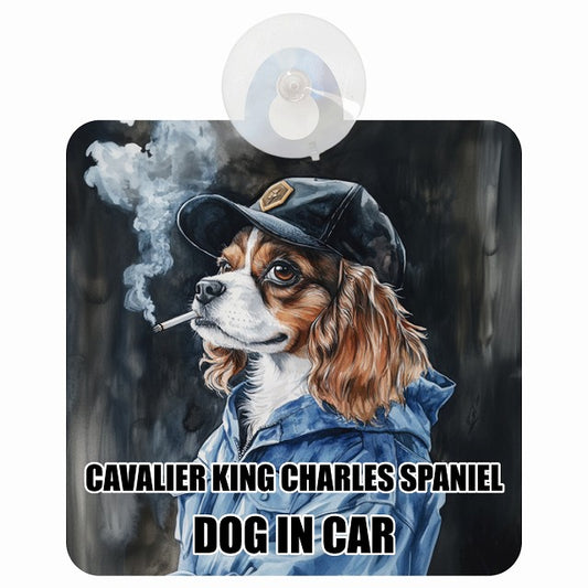 CAVALIER KING CHARLES SPANIEL キャバリアキングチャールズスパニエル DOG IN CAR 作業服 ちょい悪 車用吸盤付サイン 12.4x14.6cm