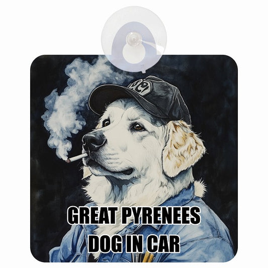 GREAT PYRENEES グレートピレニーズ DOG IN CAR 作業服 ちょい悪 車用吸盤付サイン 12.4x14.6cm