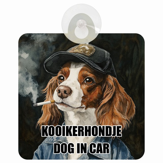 KOOIKERHONDJE コーイケルホーンディエ DOG IN CAR 作業服 ちょい悪 車用吸盤付サイン 12.4x14.6cm