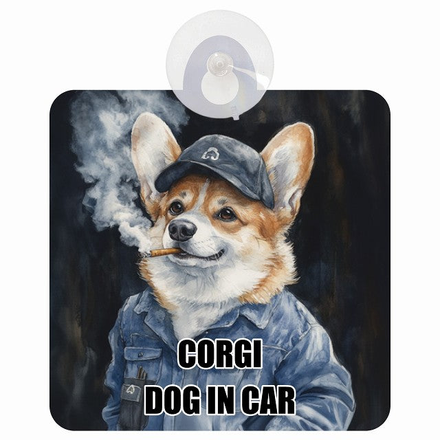 CORGI コーギー DOG IN CAR 作業服 ちょい悪 車用吸盤付サイン 12.4x14.6cm