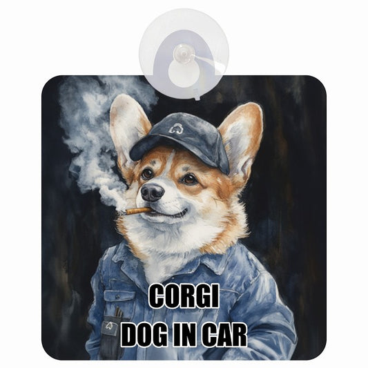 CORGI コーギー DOG IN CAR 作業服 ちょい悪 車用吸盤付サイン 12.4x14.6cm