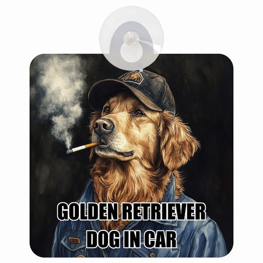 GOLDEN RETRIEVER ゴールデンレトリバー DOG IN CAR 作業服 ちょい悪 車用吸盤付サイン 12.4x14.6cm