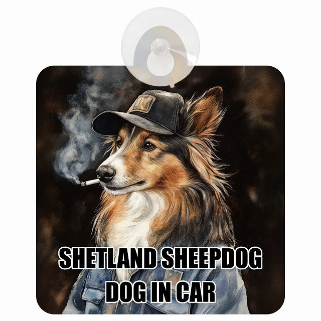SHETLAND SHEEPDOG シェットランドシープドッグ DOG IN CAR 作業服 ちょい悪 車用吸盤付サイン 12.4x14.6cm