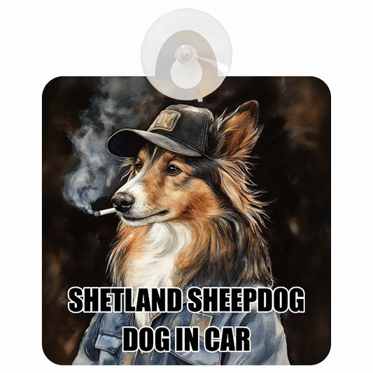 SHETLAND SHEEPDOG シェットランドシープドッグ DOG IN CAR 作業服 ちょい悪 車用吸盤付サイン 12.4x14.6cm