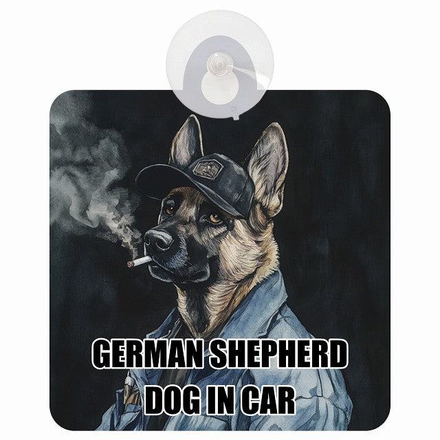 GERMAN SHEPHERD シェパード DOG IN CAR 作業服 ちょい悪 車用吸盤付サイン 12.4x14.6cm