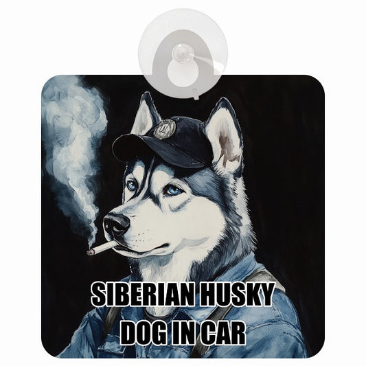 SIBERIAN HUSKY シベリアンハスキー DOG IN CAR 作業服 ちょい悪 車用吸盤付サイン 12.4x14.6cm