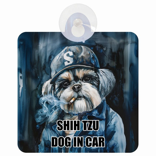 SHIH TZU シーズー DOG IN CAR 作業服 ちょい悪 車用吸盤付サイン 12.4x14.6cm