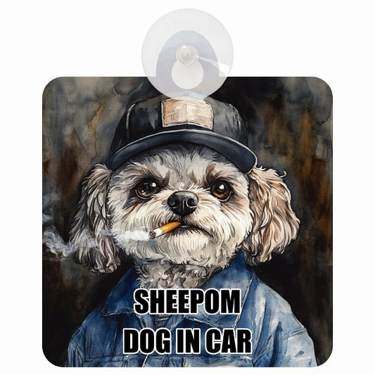 SHEEPOM シーポメ DOG IN CAR 作業服 ちょい悪 車用吸盤付サイン 12.4x14.6cm