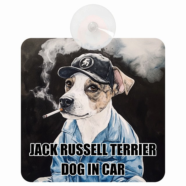 JACK RUSSELL TERRIER ジャックラッセルテリア DOG IN CAR 作業服 ちょい悪 車用吸盤付サイン 12.4x14.6cm