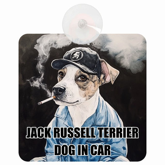 JACK RUSSELL TERRIER ジャックラッセルテリア DOG IN CAR 作業服 ちょい悪 車用吸盤付サイン 12.4x14.6cm