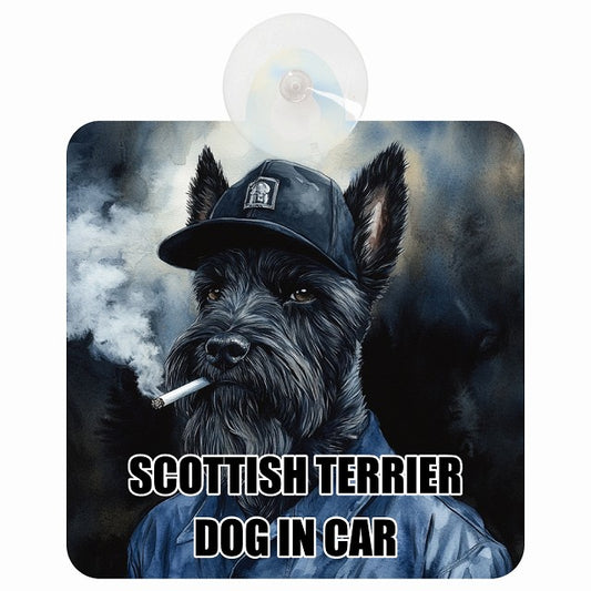 SCOTTISH TERRIER スコティッシュテリア DOG IN CAR 作業服 ちょい悪 車用吸盤付サイン 12.4x14.6cm