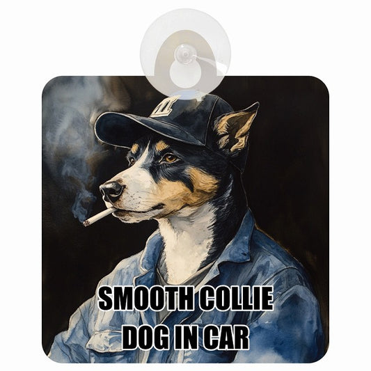 SMOOTH COLLIE スムースコリー DOG IN CAR 作業服 ちょい悪 車用吸盤付サイン 12.4x14.6cm