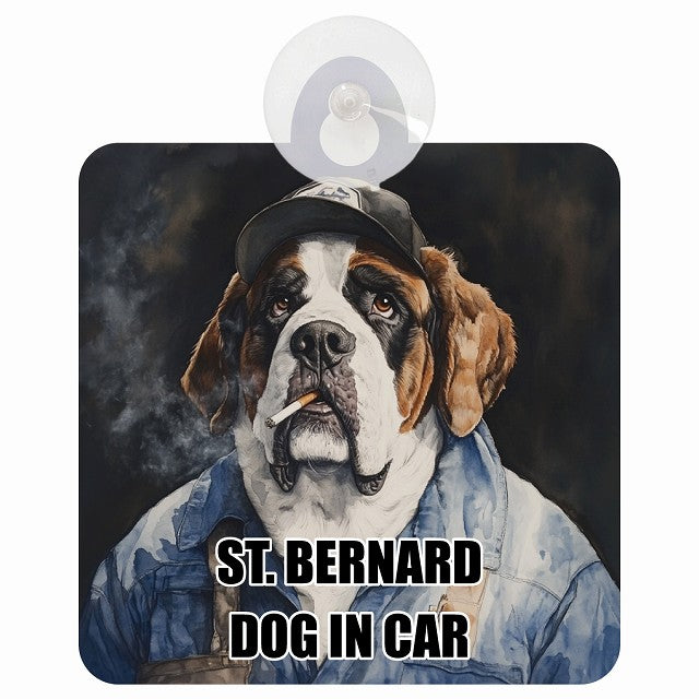 ST. BERNARD セントバーナード DOG IN CAR 作業服 ちょい悪 車用吸盤付サイン 12.4x14.6cm