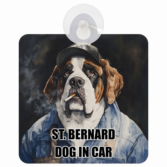ST. BERNARD セントバーナード DOG IN CAR 作業服 ちょい悪 車用吸盤付サイン 12.4x14.6cm