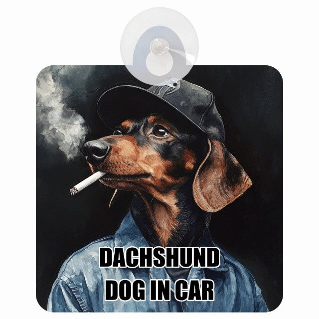 DACHSHUND ダックスフント DOG IN CAR 作業服 ちょい悪 車用吸盤付サイン 12.4x14.6cm
