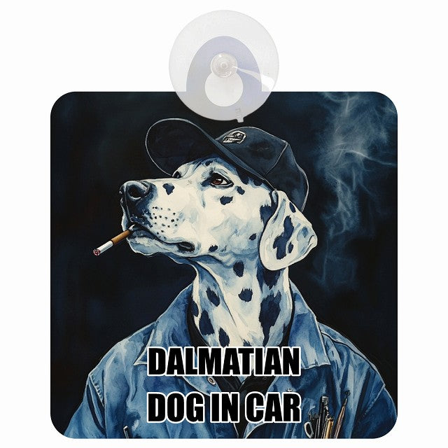 DALMATIAN ダルメシアン DOG IN CAR 作業服 ちょい悪 車用吸盤付サイン 12.4x14.6cm
