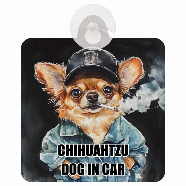 CHIHUAHTZU チワズー DOG IN CAR 作業服 ちょい悪 車用吸盤付サイン 12.4x14.6cm