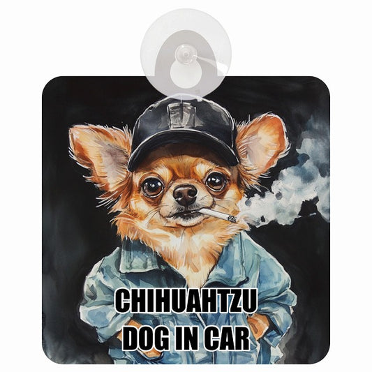 CHIHUAHTZU チワズー DOG IN CAR 作業服 ちょい悪 車用吸盤付サイン 12.4x14.6cm