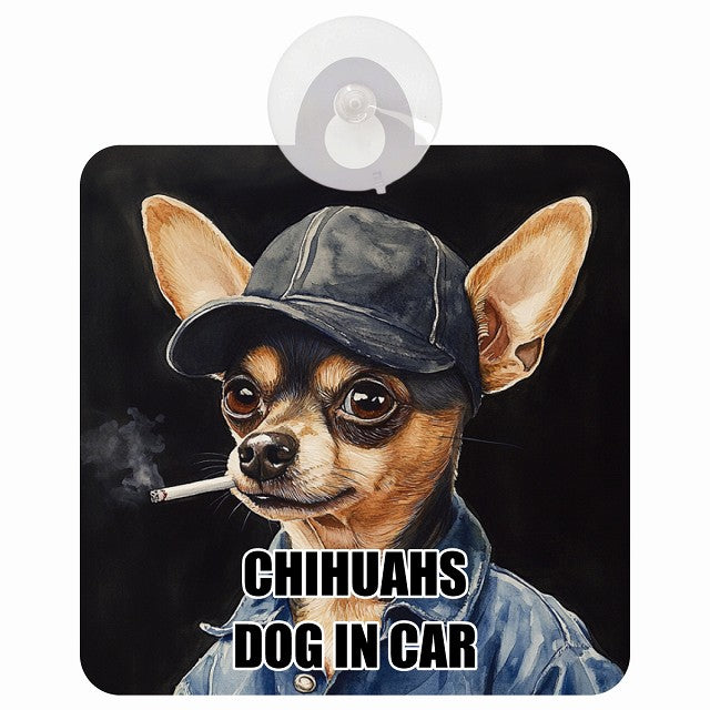 CHIHUAHS チワックス DOG IN CAR 作業服 ちょい悪 車用吸盤付サイン 12.4x14.6cm