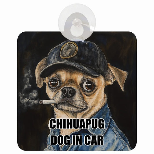 CHIHUAPUG チワパグ DOG IN CAR 作業服 ちょい悪 車用吸盤付サイン 12.4x14.6cm