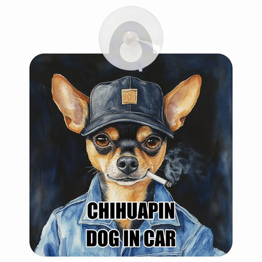 CHIHUAPIN チワピン DOG IN CAR 作業服 ちょい悪 車用吸盤付サイン 12.4x14.6cm
