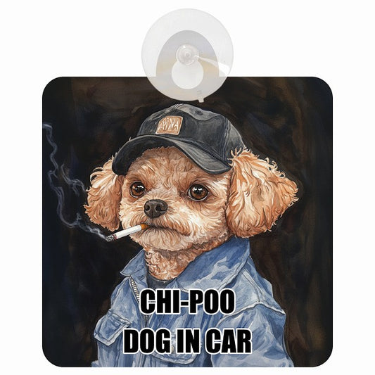 CHI-POO チワプー DOG IN CAR 作業服 ちょい悪 車用吸盤付サイン 12.4x14.6cm