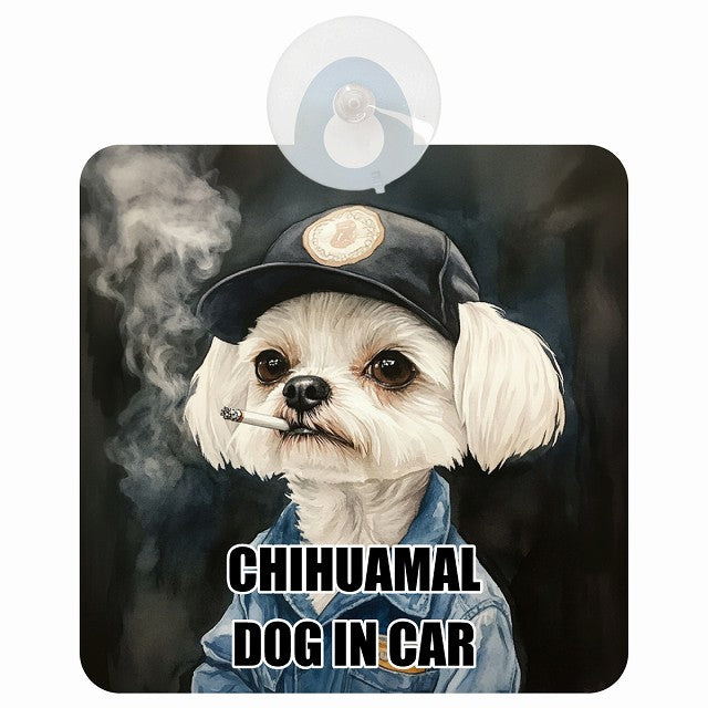 CHIHUAMAL チワマル DOG IN CAR 作業服 ちょい悪 車用吸盤付サイン 12.4x14.6cm