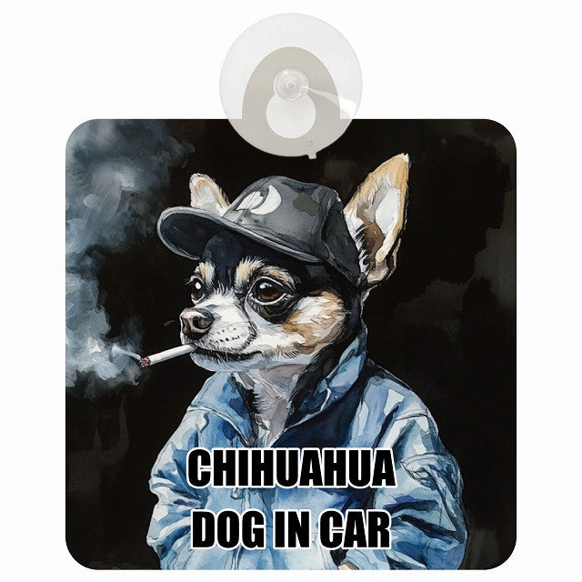CHIHUAHUA チワワ DOG IN CAR 作業服 ちょい悪 車用吸盤付サイン 12.4x14.6cm