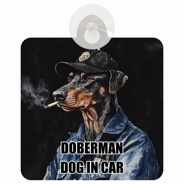 DOBERMAN ドーベルマン DOG IN CAR 作業服 ちょい悪 車用吸盤付サイン 12.4x14.6cm