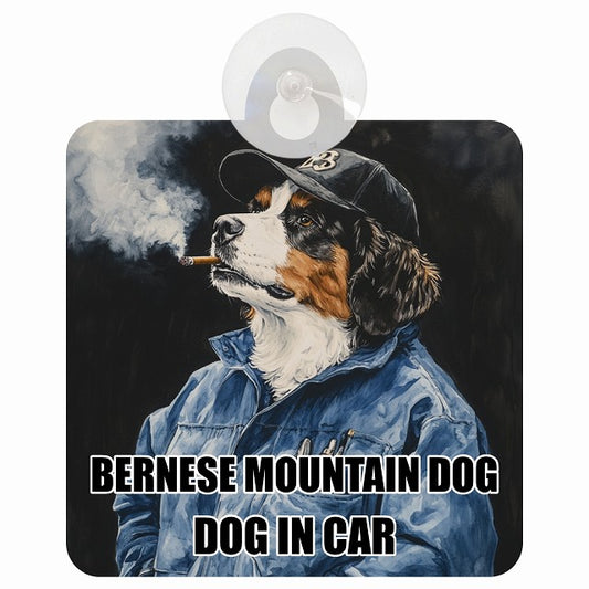 BERNESE MOUNTAIN DOG バーニーズマウンテンドッグ DOG IN CAR 作業服 ちょい悪 車用吸盤付サイン 12.4x14.6cm