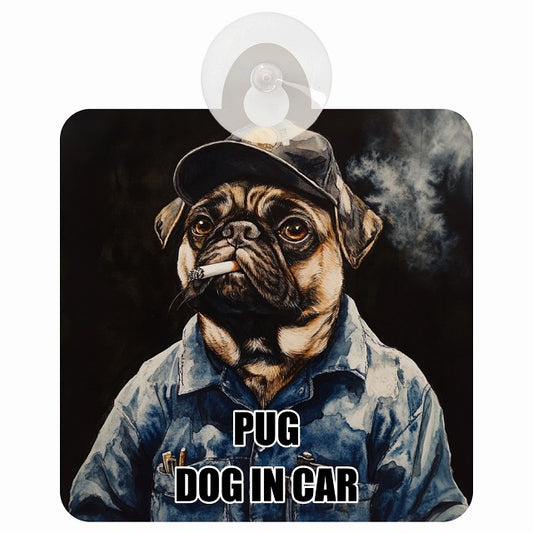 PUG パグ DOG IN CAR 作業服 ちょい悪 車用吸盤付サイン 12.4x14.6cm