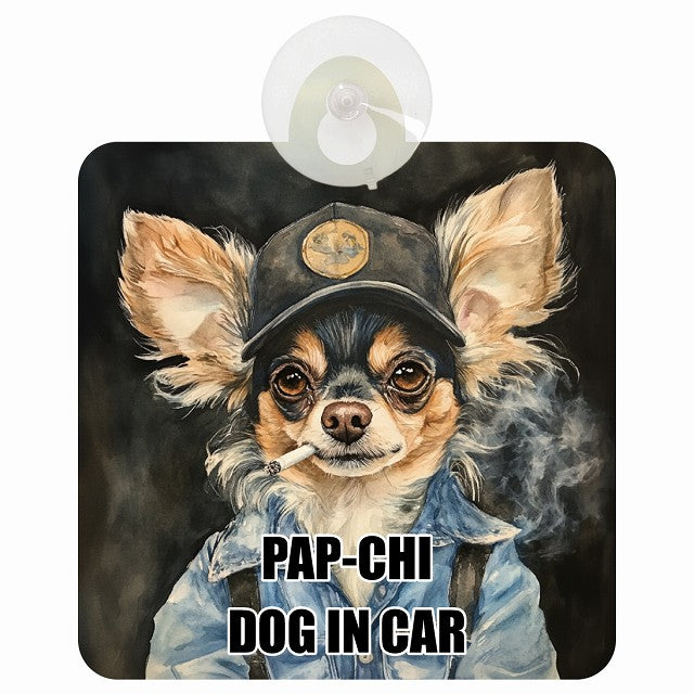 PAP-CHI パピチワ DOG IN CAR 作業服 ちょい悪 車用吸盤付サイン 12.4x14.6cm