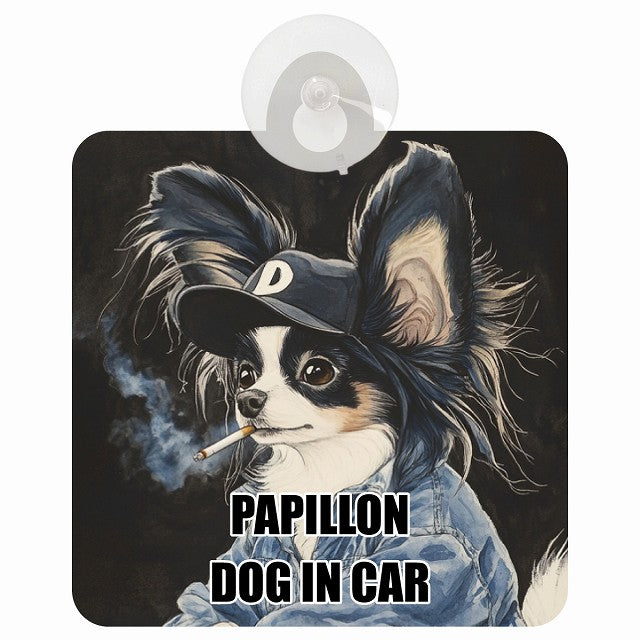 PAPILLON パピヨン DOG IN CAR 作業服 ちょい悪 車用吸盤付サイン 12.4x14.6cm