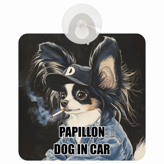 PAPILLON パピヨン DOG IN CAR 作業服 ちょい悪 車用吸盤付サイン 12.4x14.6cm