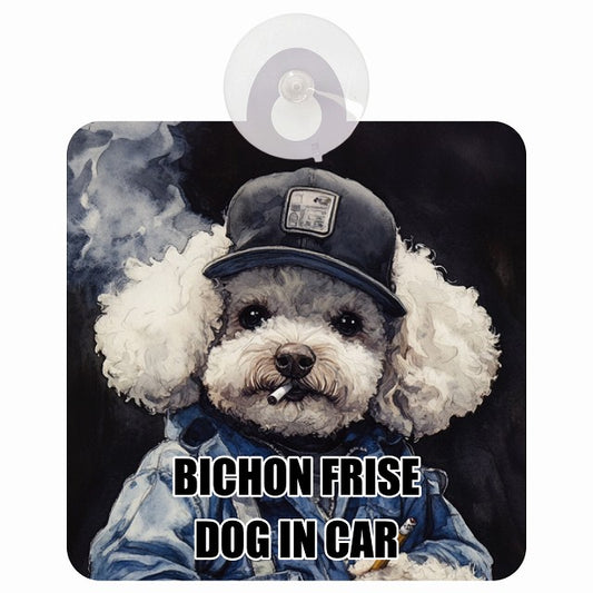 BICHON FRISE ビションフリーゼ DOG IN CAR 作業服 ちょい悪 車用吸盤付サイン 12.4x14.6cm