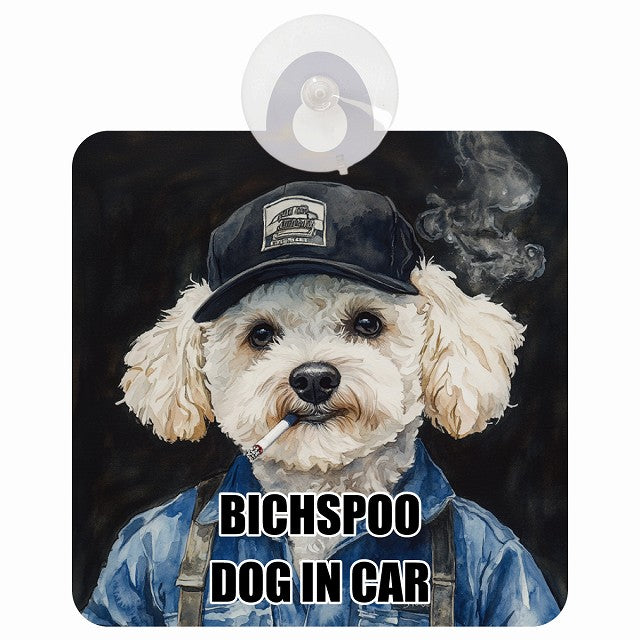 BICHSPOO ビションプー DOG IN CAR 作業服 ちょい悪 車用吸盤付サイン 12.4x14.6cm