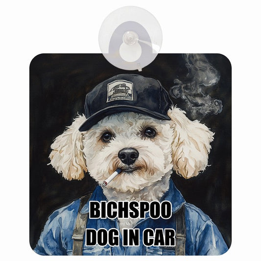 BICHSPOO ビションプー DOG IN CAR 作業服 ちょい悪 車用吸盤付サイン 12.4x14.6cm