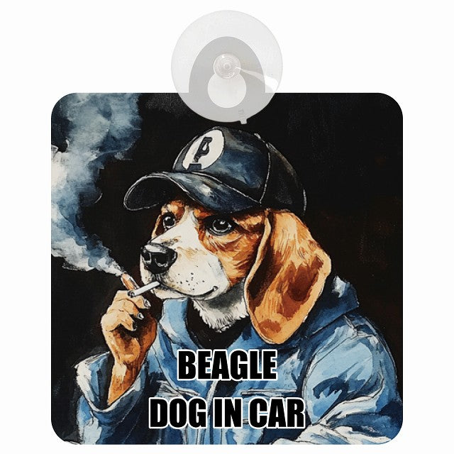 BEAGLE ビーグル DOG IN CAR 作業服 ちょい悪 車用吸盤付サイン 12.4x14.6cm