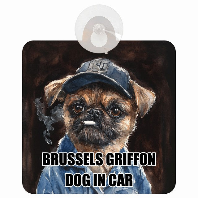 BRUSSELS GRIFFON ブリュッセル・グリフォン DOG IN CAR 作業服 ちょい悪 車用吸盤付サイン 12.4x14.6cm