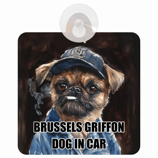 BRUSSELS GRIFFON ブリュッセル・グリフォン DOG IN CAR 作業服 ちょい悪 車用吸盤付サイン 12.4x14.6cm