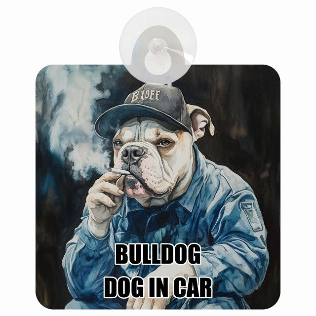 BULLDOG ブルドッグ DOG IN CAR 作業服 ちょい悪 車用吸盤付サイン 12.4x14.6cm
