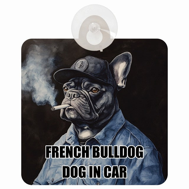 FRENCH BULLDOG フレンチブルドッグ DOG IN CAR 作業服 ちょい悪 車用吸盤付サイン 12.4x14.6cm