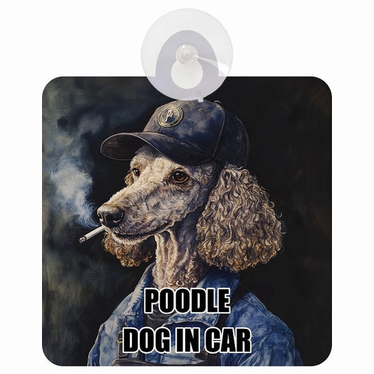 POODLE プードル DOG IN CAR 作業服 ちょい悪 車用吸盤付サイン 12.4x14.6cm